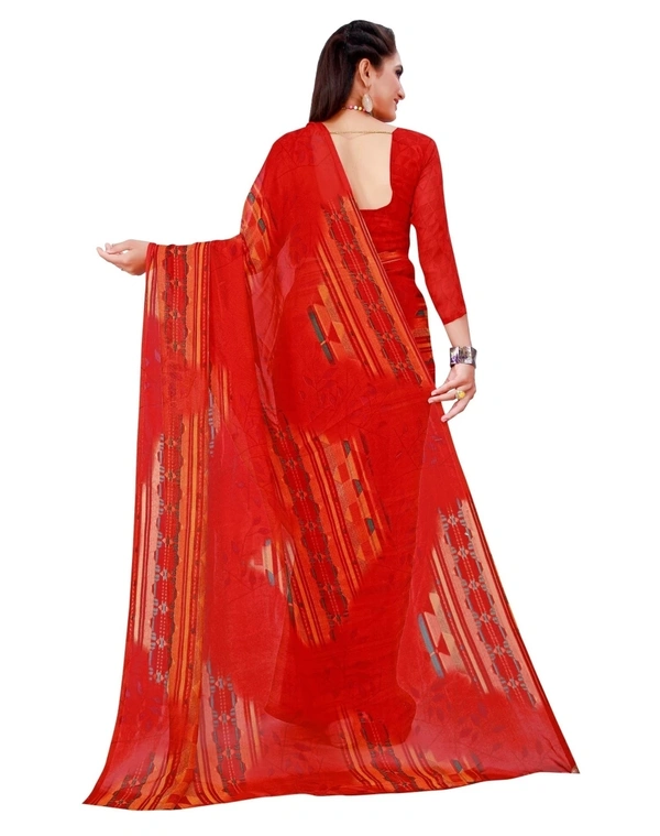 Pehnava Fashionable Georgette Printed Sari - Red - Standard