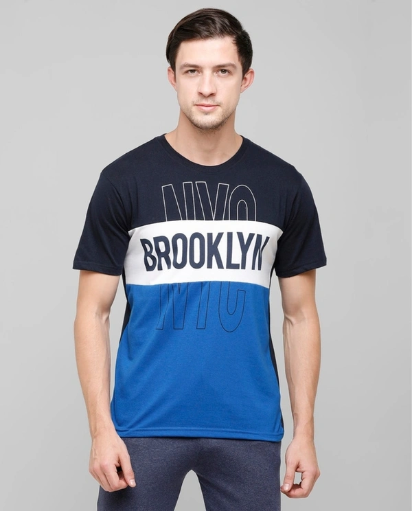 Men's Blended Colour Blocked Slim Fit Half Sleeves TShirt - Navy - L