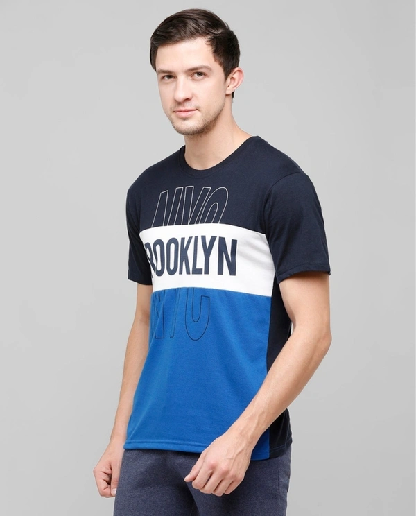 Men's Blended Colour Blocked Slim Fit Half Sleeves TShirt - Navy - L