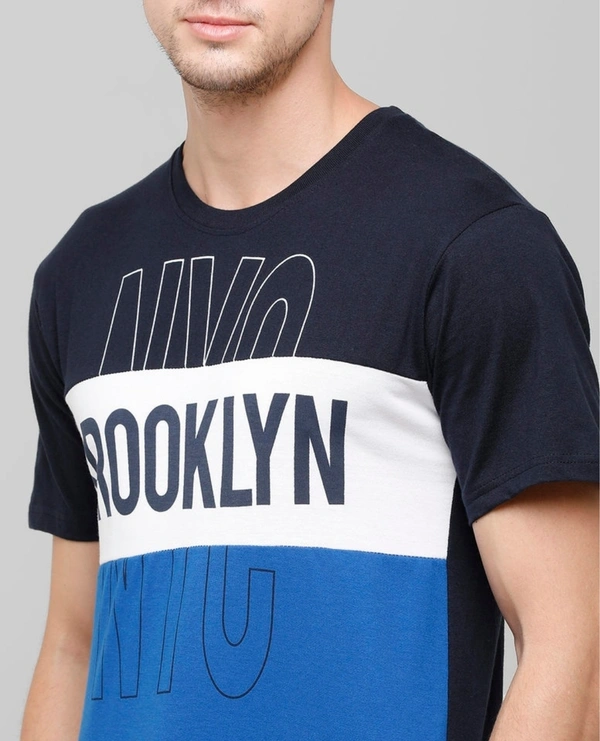 Men's Blended Colour Blocked Slim Fit Half Sleeves TShirt - Navy - L