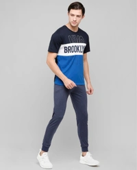 Men's Blended Colour Blocked Slim Fit Half Sleeves TShirt - Navy - L