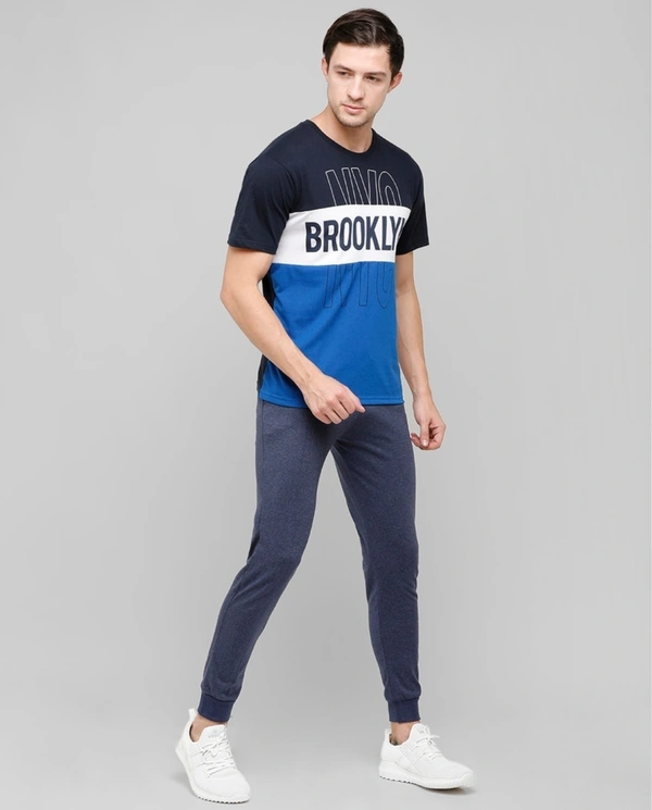 Men's Blended Colour Blocked Slim Fit Half Sleeves TShirt - Navy - L