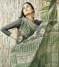 Pehnava Beautiful Chanderi Cotton Silk Saree With Blouse - 6.3 mtr w/blouse, Green