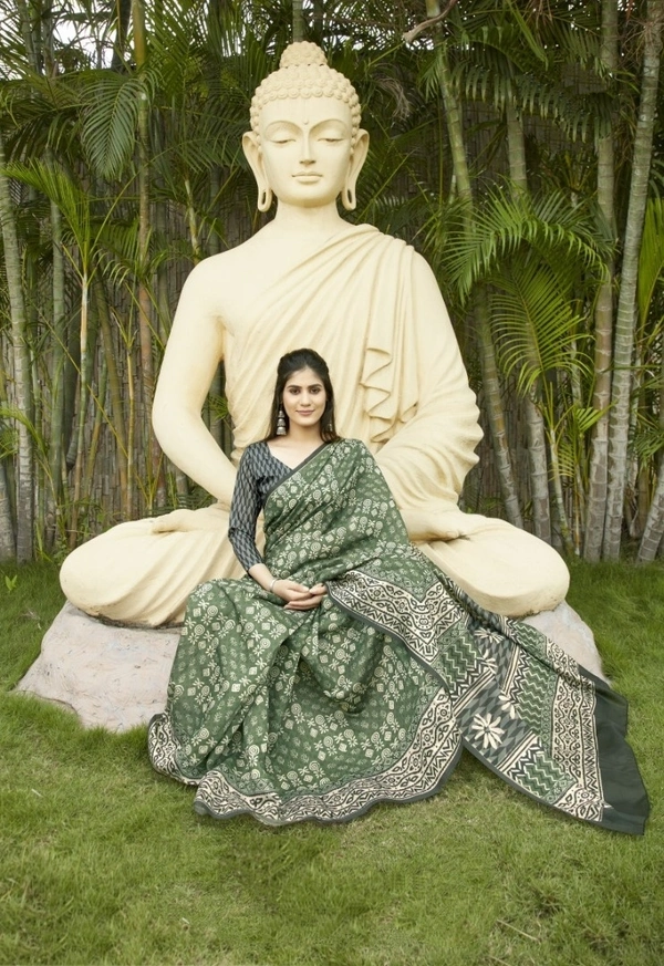 Pehnava Beautiful Chanderi Cotton Silk Saree With Blouse - 6.3 mtr w/blouse, Green