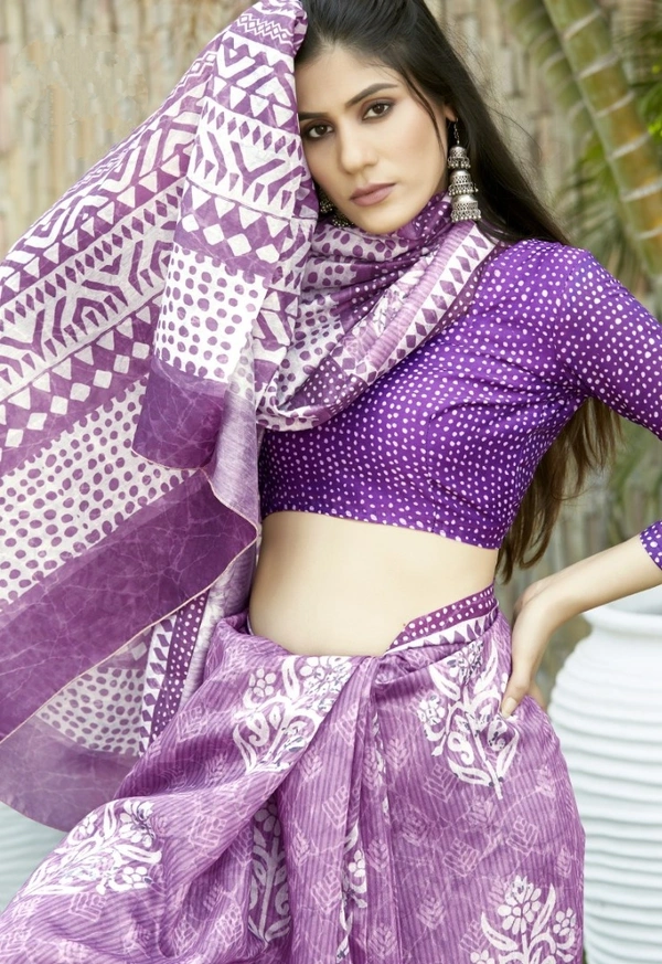 Pehnava Beautiful Chanderi Cotton Silk Saree With Blouse - Purple, 6.3 mtr w/blouse
