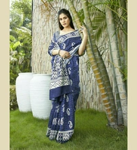 Pehnava Beautiful Chanderi Cotton Silk Saree With Blouse - Blue, 6.3 mtrs w/blouse