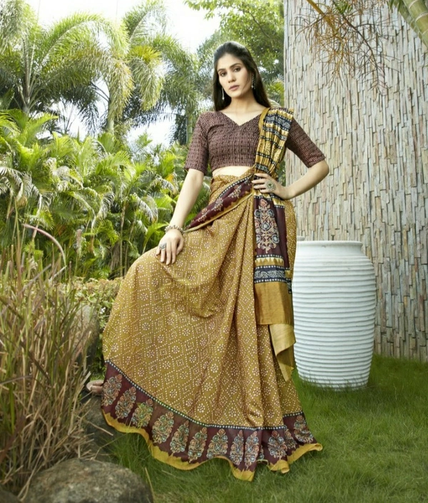Pehnava Beautiful Chanderi Cotton Silk Saree With Blouse - 6.3 mtrs w/blouse, Mustard