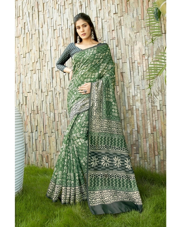 Pehnava Beautiful Chanderi Cotton Silk Saree With Blouse - 6.3 mtr w/blouse, Green