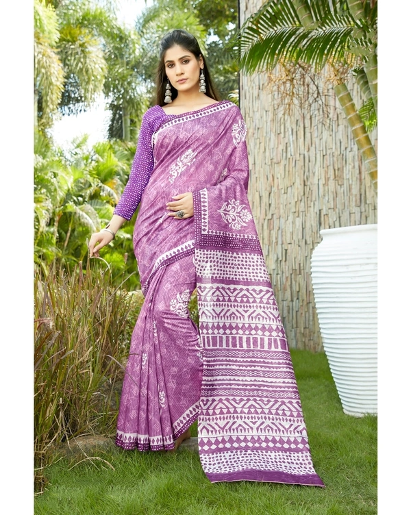 Pehnava Beautiful Chanderi Cotton Silk Saree With Blouse - Purple, 6.3 mtr w/blouse