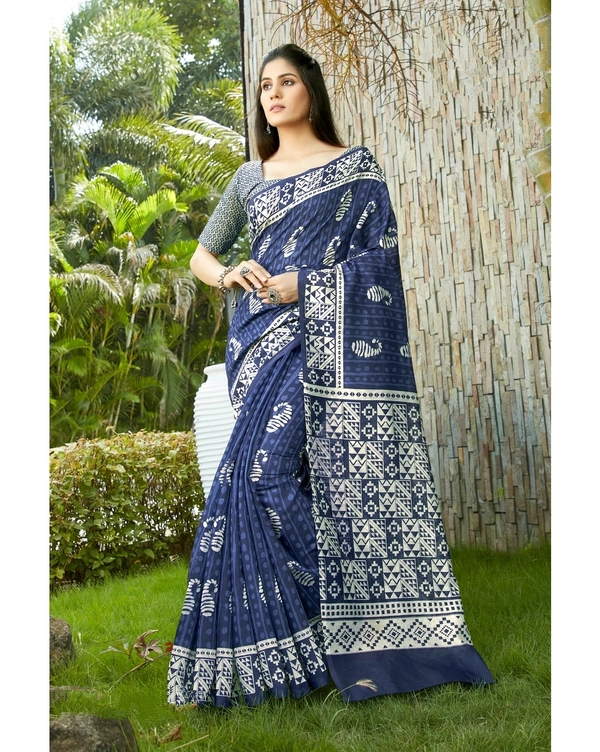 Pehnava Beautiful Chanderi Cotton Silk Saree With Blouse - Blue, 6.3 mtrs w/blouse