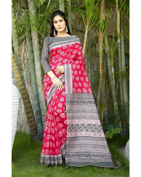 Pehnava Beautiful Chanderi Cotton Silk Saree With Blouse - Pink, 6.3 mtrs w/blouse