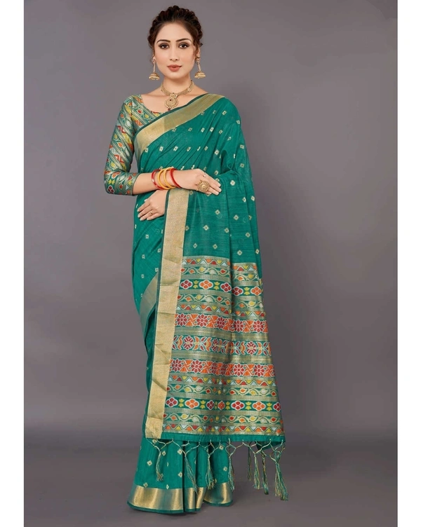 Premium Handloom Cotton Silk Saree With Blouse - Teal, 6.3 mtrs w/blouse