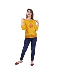 Pehnava Women's Printed Viscose Top - Yellow - S