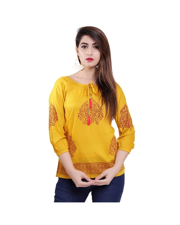 Pehnava Women's Printed Viscose Top - Yellow - S