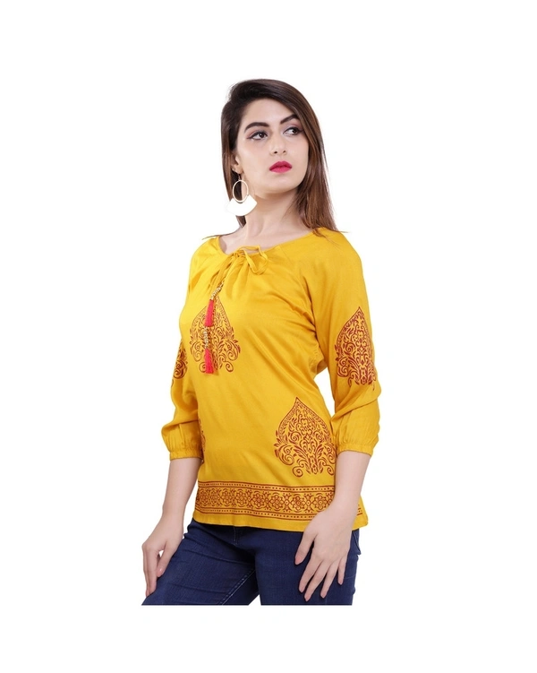 Pehnava Women's Printed Viscose Top - Yellow - S
