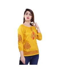 Pehnava Women's Printed Viscose Top - Yellow - S