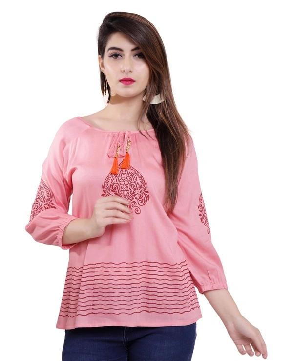 Pehnava Women's Printed Viscose Top - Baby Pink - S