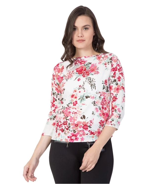 Pehnava Floral Printed Casual Crepe Regular Fit Top - Pink - S
