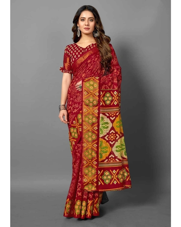 Pehnava Pure Cotton Tanza Printed Sari With Blouse - Red, 6.3 mtrs w/blouse
