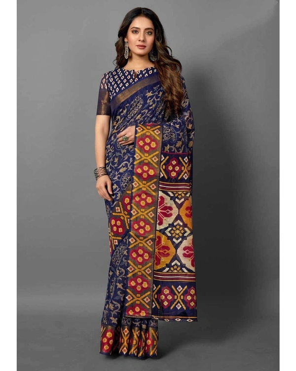 Pehnava Pure Cotton Tanza Printed Sari With Blouse - Blue, 6.3 mtrs w/blouse