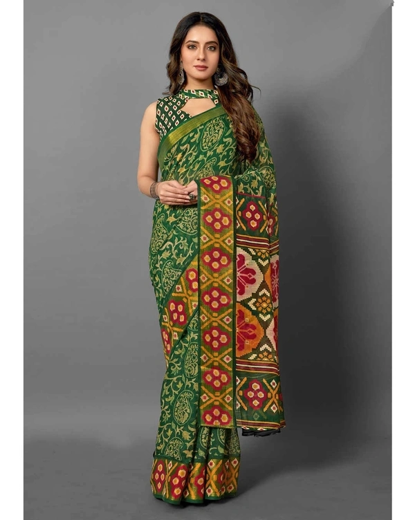Pehnava Pure Cotton Tanza Printed Sari With Blouse - Green, 6.3 mtrs w/blouse