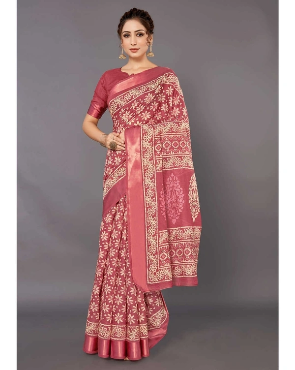 Pehnava Beautiful Satin Cotton Silk Saree With Blouse - Red, 6.3 mtrs w/blouse
