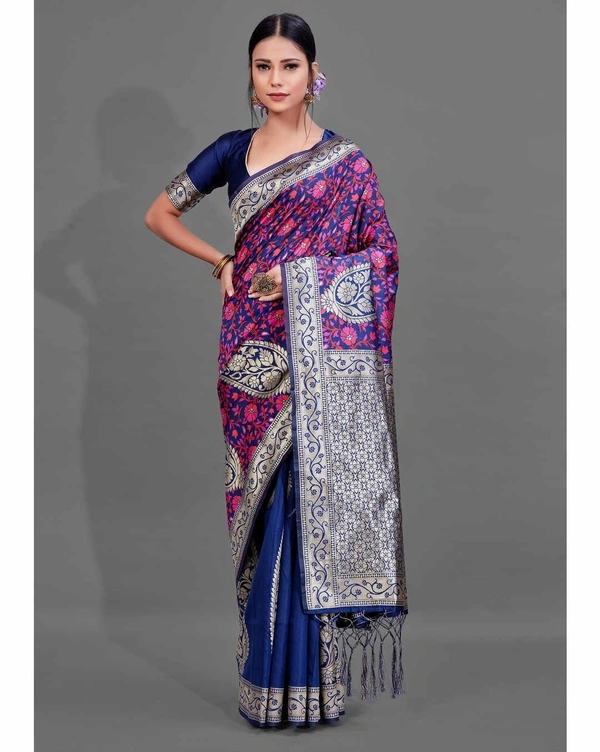 Pehnava Premium Kala Art Silk Blend Saree With Blouse  - Blue, 6.3 mtrs w/blouse
