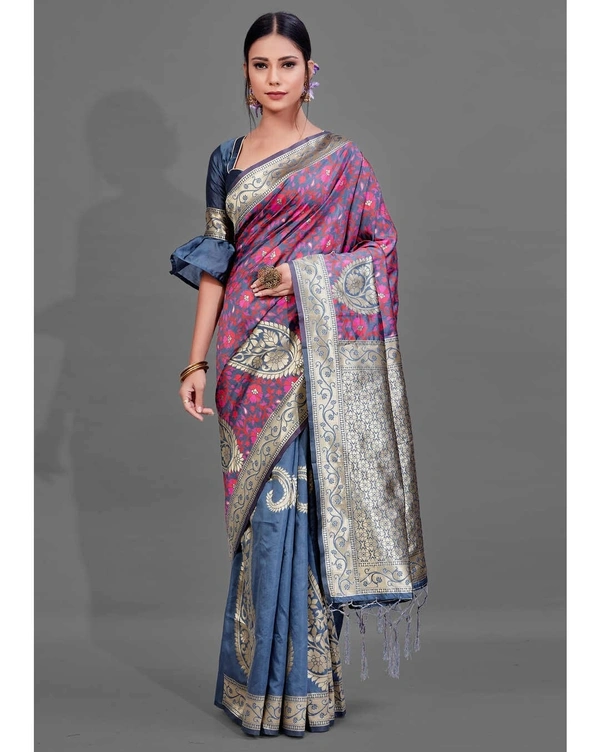 Pehnava Premium Kala Art Silk Blend Saree With Blouse  - Teal Grey, 6.3 mtrs w/blouse