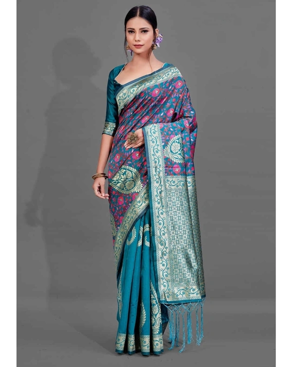 Pehnava Premium Kala Art Silk Blend Saree With Blouse  - Greenish Pink, 6.3 mtrs w/blouse