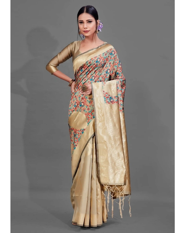 Pehnava Premium Kala Art Silk Blend Saree With Blouse  - Cream Gold, 6.3 mtrs w/blouse
