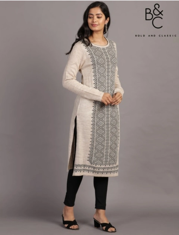 B&C Acrylic Acro Wool Knee Length Straight Kurti For Women - Cream  - M/L