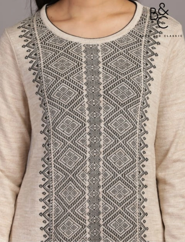 B&C Acrylic Acro Wool Knee Length Straight Kurti For Women - Cream  - M/L