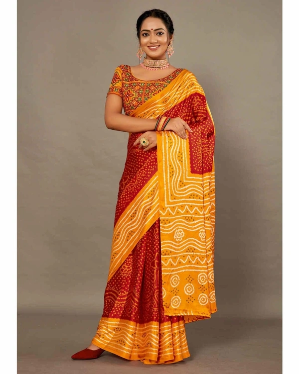 Pehnava Premium Crepe Silk Sari With Matching Embroidered Blouse Piece - Red-Yellow, 6.3 mtrs w/blouse