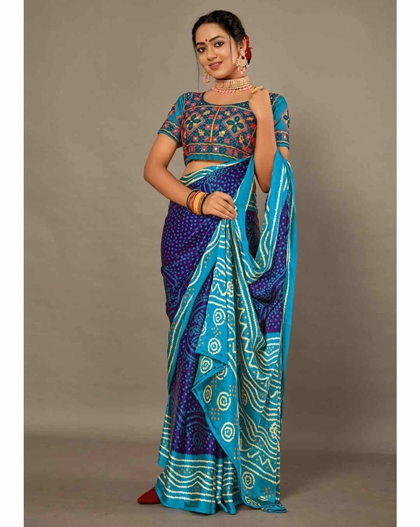 Pehnava Premium Crepe Silk Sari With Matching Embroidered Blouse Piece - Blue-Sky, 6.3 mtrs w/blouse