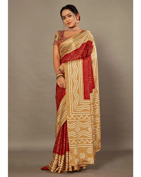 Pehnava Premium Crepe Silk Sari With Matching Embroidered Blouse Piece - Red-Gold, 6.3 mtrs w/blouse