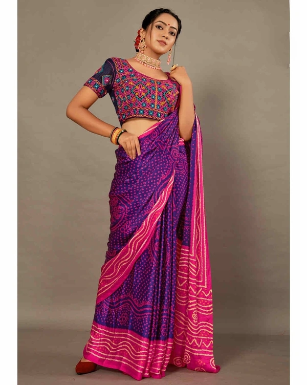 Pehnava Premium Crepe Silk Sari With Matching Embroidered Blouse Piece - Purple-Pink, 6.3 mtrs w/blouse