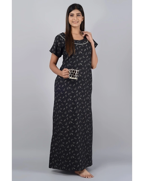 Pure Dull Cotton Full Length Women's Nighty - Black - L