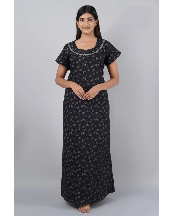 Pure Dull Cotton Full Length Women's Nighty - Black - L
