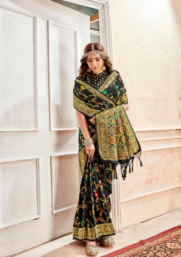 Pehnava Beautiful Black Heavy Embroidered Silk Saree With Blouse - 6.3 mtrs w/blouse