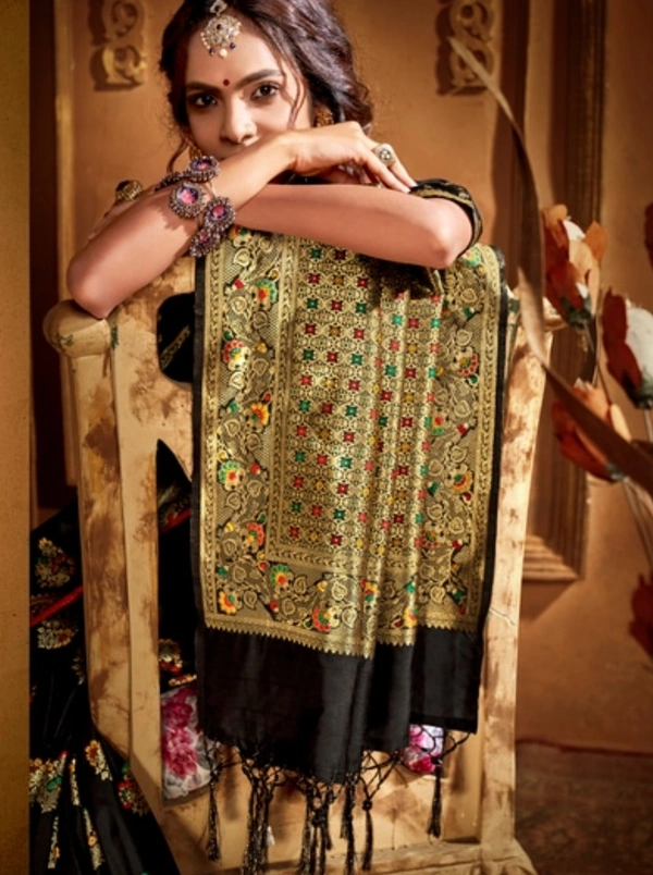 Pehnava Beautiful Black Heavy Embroidered Silk Saree With Blouse - 6.3 mtrs w/blouse
