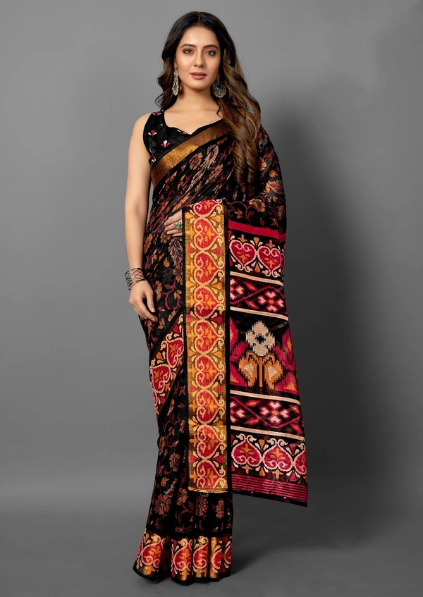 Pehnava Premium Tanza Cotton Printed Saree With Blouse - Black - 6.3 mtrs w/blouse