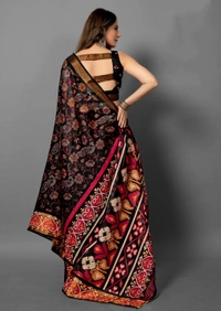 Pehnava Premium Tanza Cotton Printed Saree With Blouse - Black - 6.3 mtrs w/blouse