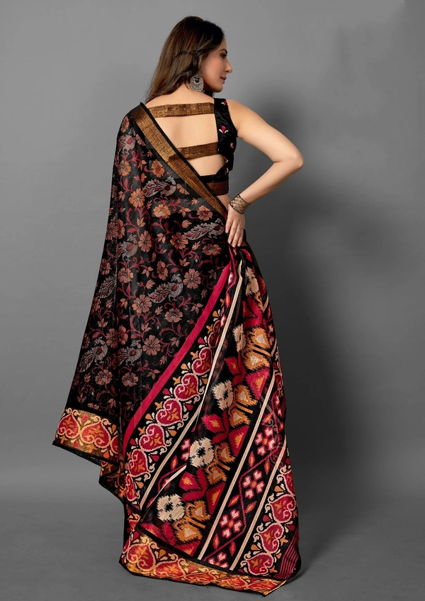 Pehnava Premium Tanza Cotton Printed Saree With Blouse - Black - 6.3 mtrs w/blouse