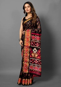 Pehnava Premium Tanza Cotton Printed Saree With Blouse - Black - 6.3 mtrs w/blouse