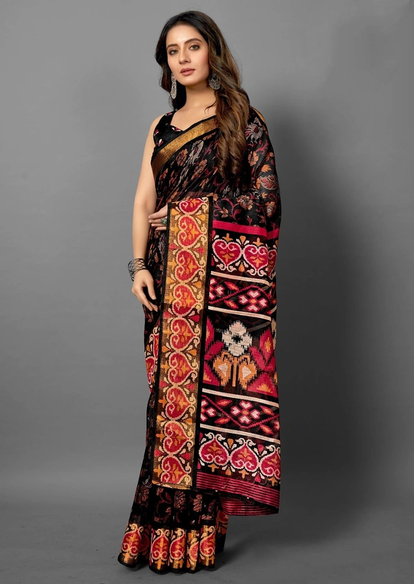 Pehnava Premium Tanza Cotton Printed Saree With Blouse - Black - 6.3 mtrs w/blouse