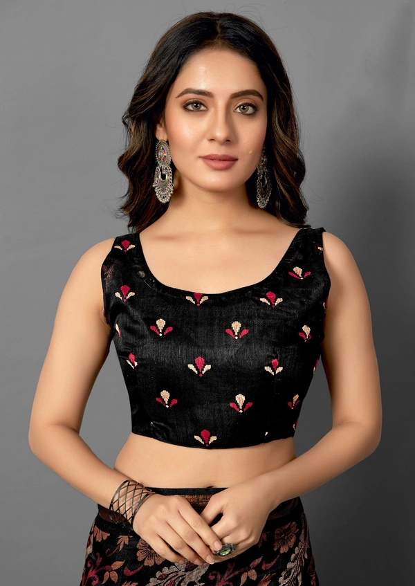 Pehnava Premium Tanza Cotton Printed Saree With Blouse - Black - 6.3 mtrs w/blouse
