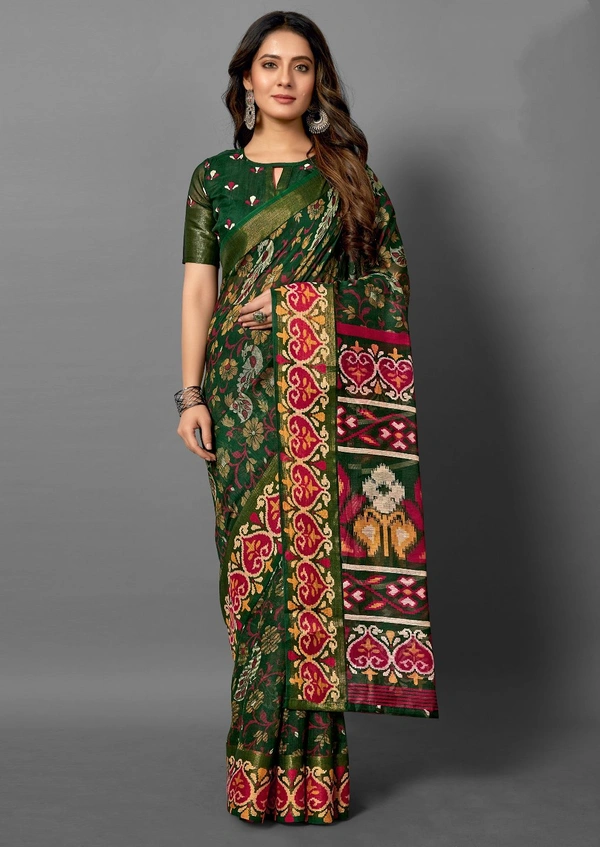 Pehnava Premium Tanza Cotton Printed Saree With Blouse - Green - 6.3 mtrs w/blouse