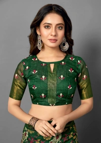 Pehnava Premium Tanza Cotton Printed Saree With Blouse - Green - 6.3 mtrs w/blouse