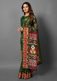 Pehnava Premium Tanza Cotton Printed Saree With Blouse - Green - 6.3 mtrs w/blouse