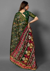 Pehnava Premium Tanza Cotton Printed Saree With Blouse - Green - 6.3 mtrs w/blouse